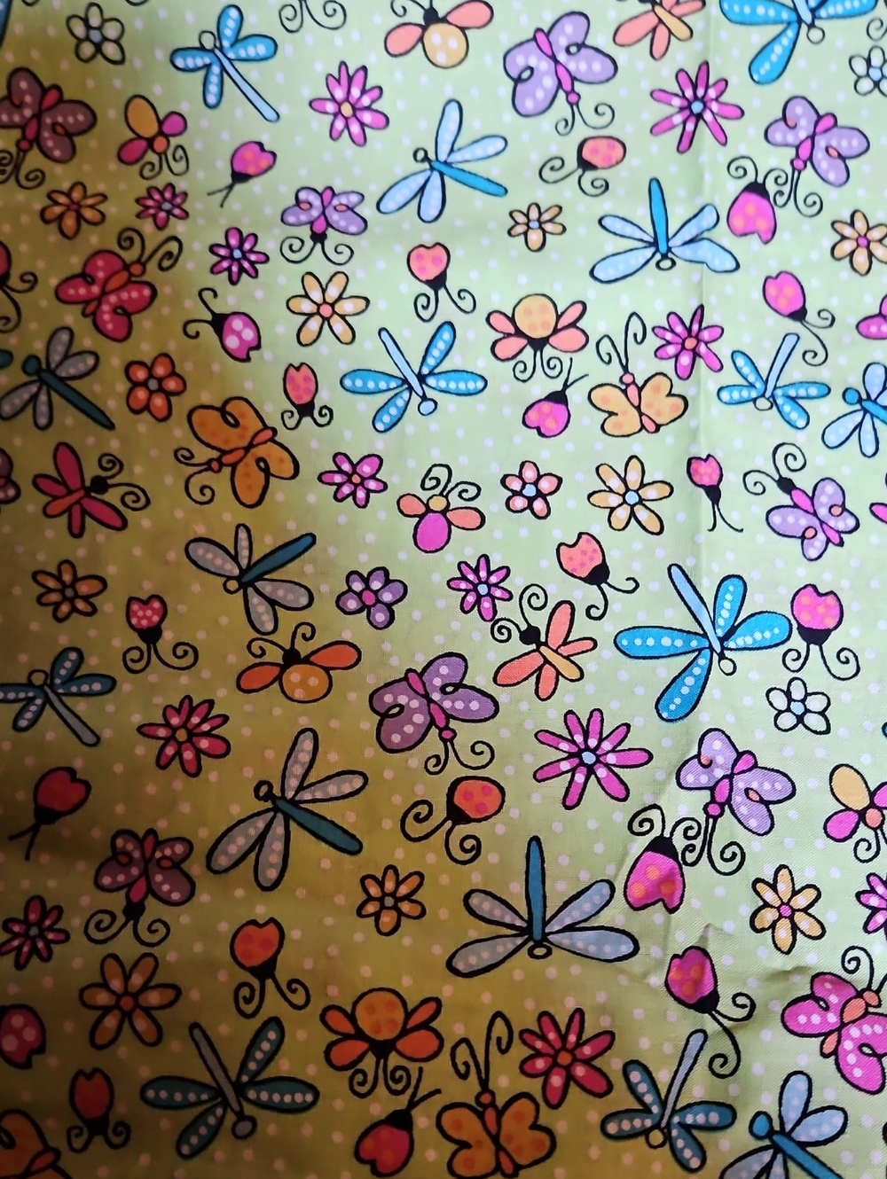 Vintage Whimsical Dragonfly & Floral Print Fabric Top - Lime Green 2 Yards